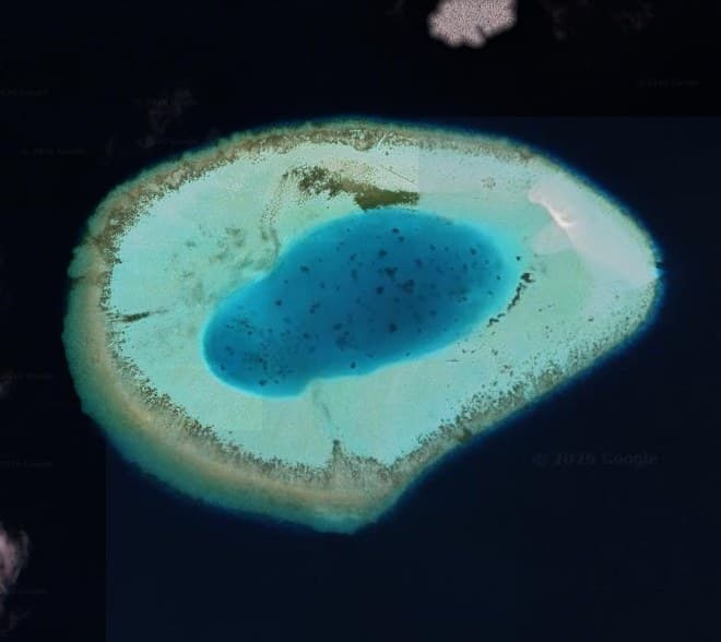 Satellite view of Fun Falhu lagoon, Faafu Atoll, as shown in the Miliona Island Estates 2026 brochure