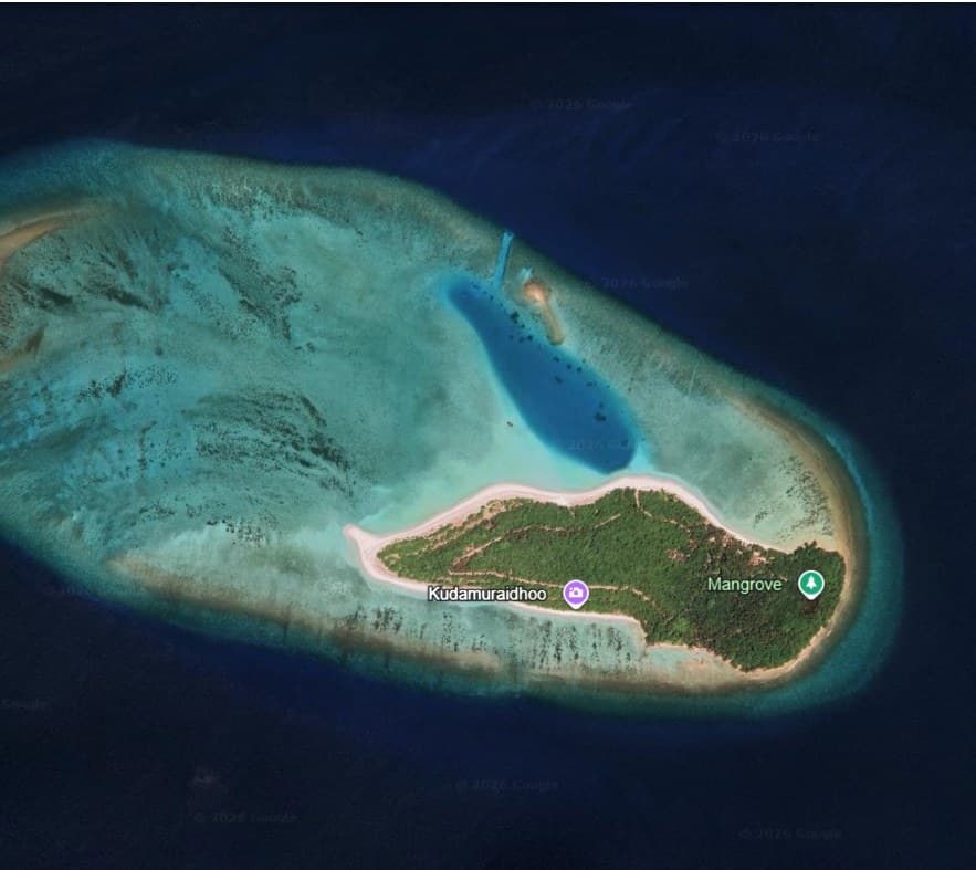Satellite view of Kuda Muraidhoo, Haa Dhaalu Atoll, as shown in the Miliona Island Estates 2026 brochure
