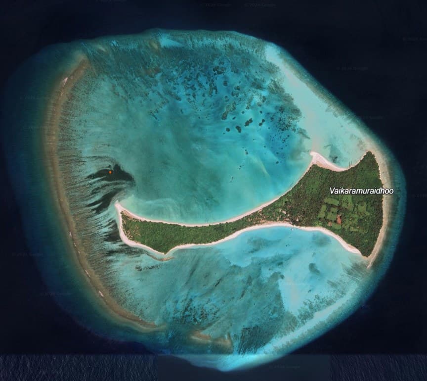 Satellite view of Vaikaramuraidhoo, Haa Dhaalu Atoll, as shown in the Miliona Island Estates 2026 brochure